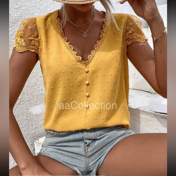 Elegant Sheer Mesh Swiss Dot Floral Lace Top Blouse Shirt Hot Pink - Picture 4 of 13